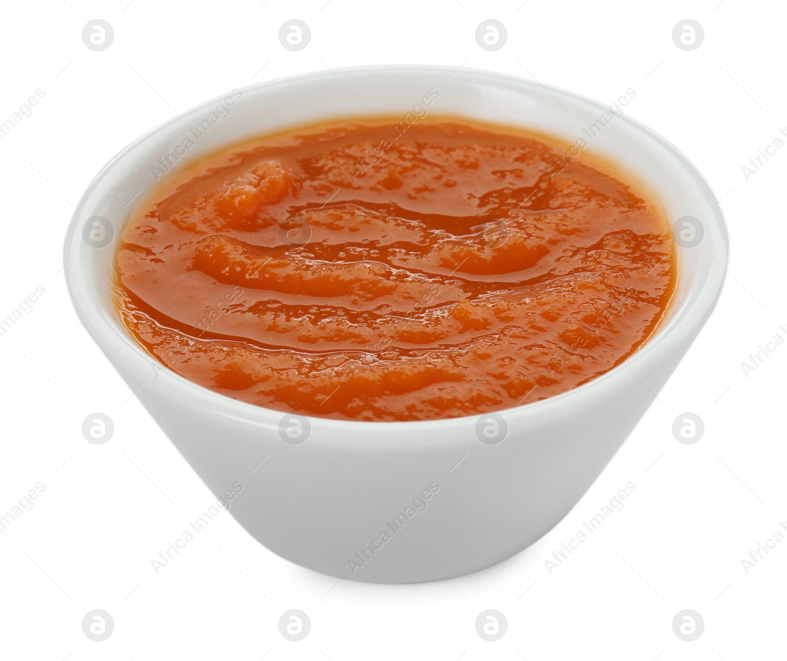 Photo of Bowl of healthy baby food isolated on white