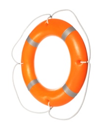 Photo of Bright lifebuoy ring on white background. Summer holidays