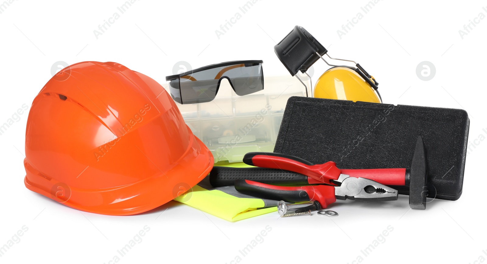 Photo of Different personal protective equipment and tools on white background
