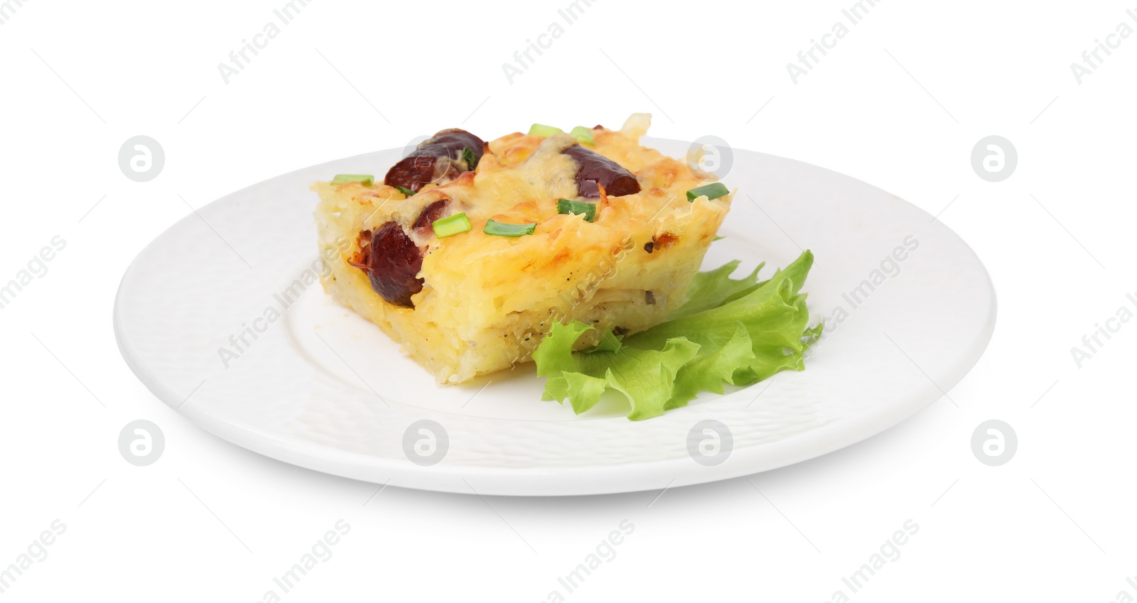 Photo of Tasty sausage casserole with green onions isolated on white