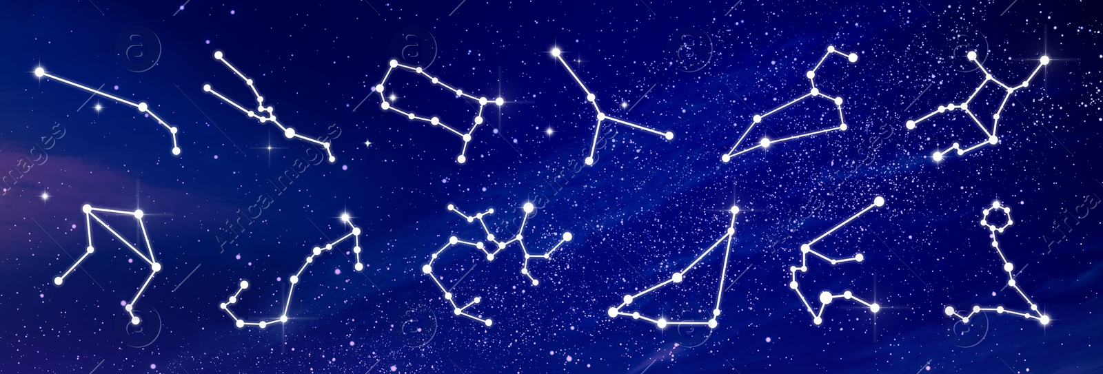 Illustration of Set with zodiac constellations against night sky with stars. Banner design