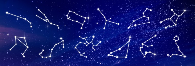 Illustration of Set with zodiac constellations against night sky with stars. Banner design