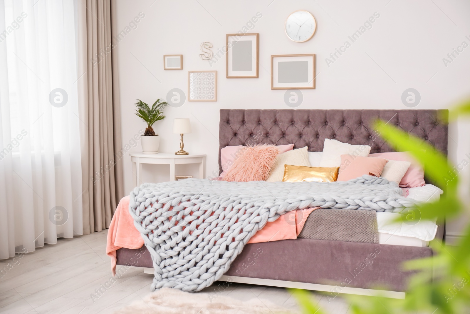 Photo of Comfortable bed and tropical plant with green leaves in room interior