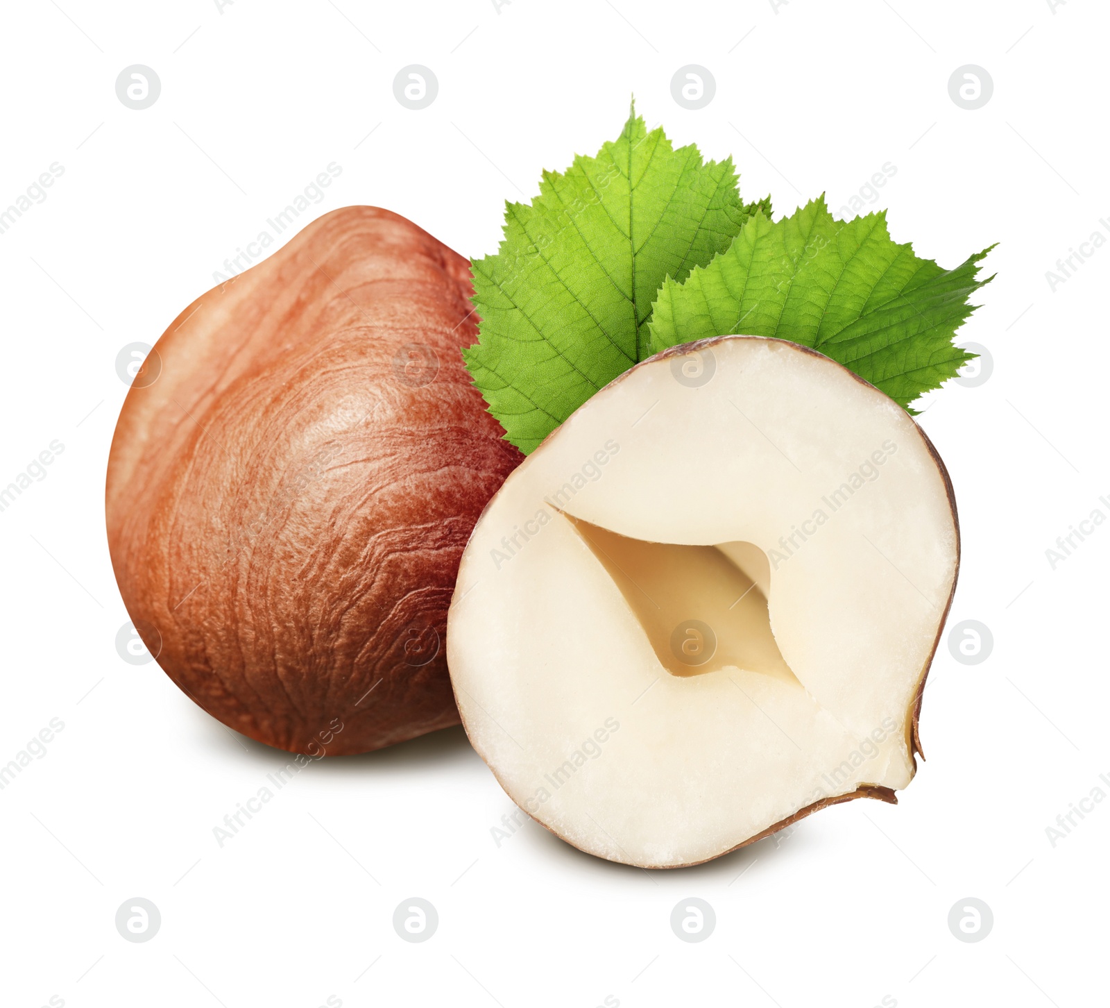 Image of Tasty hazelnuts and green leaves on white background