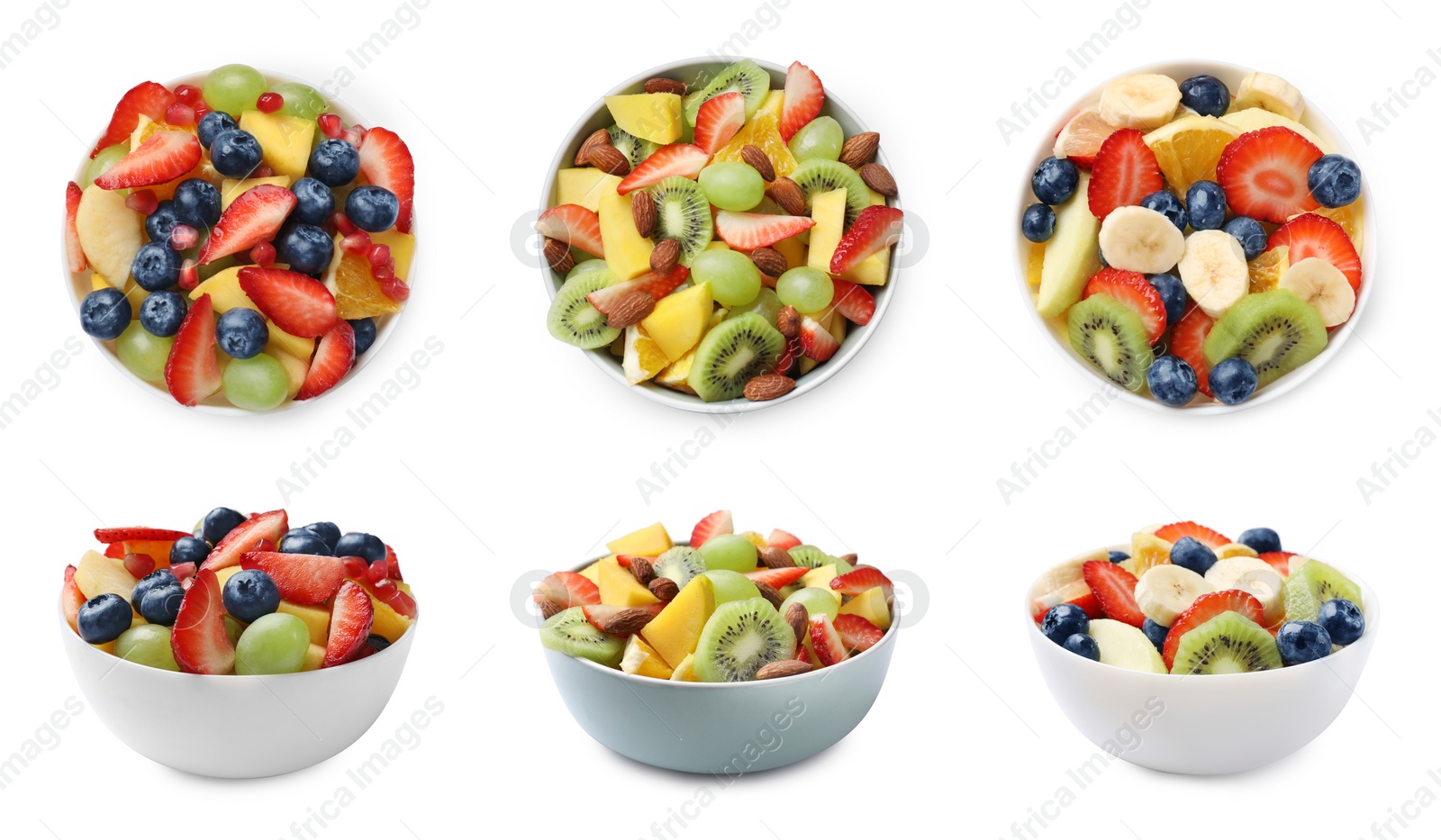 Image of Delicious fruit salads in bowls isolated on white, top and side views