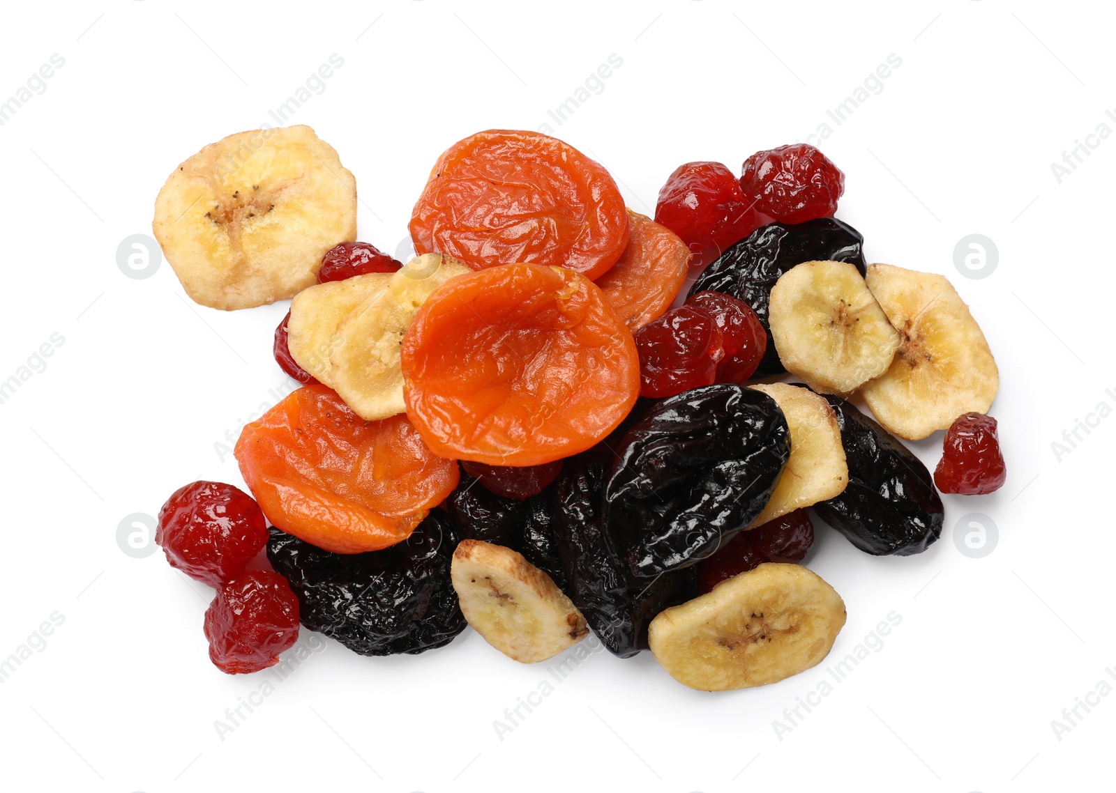 Photo of Mix of delicious dried fruits isolated on white, top view