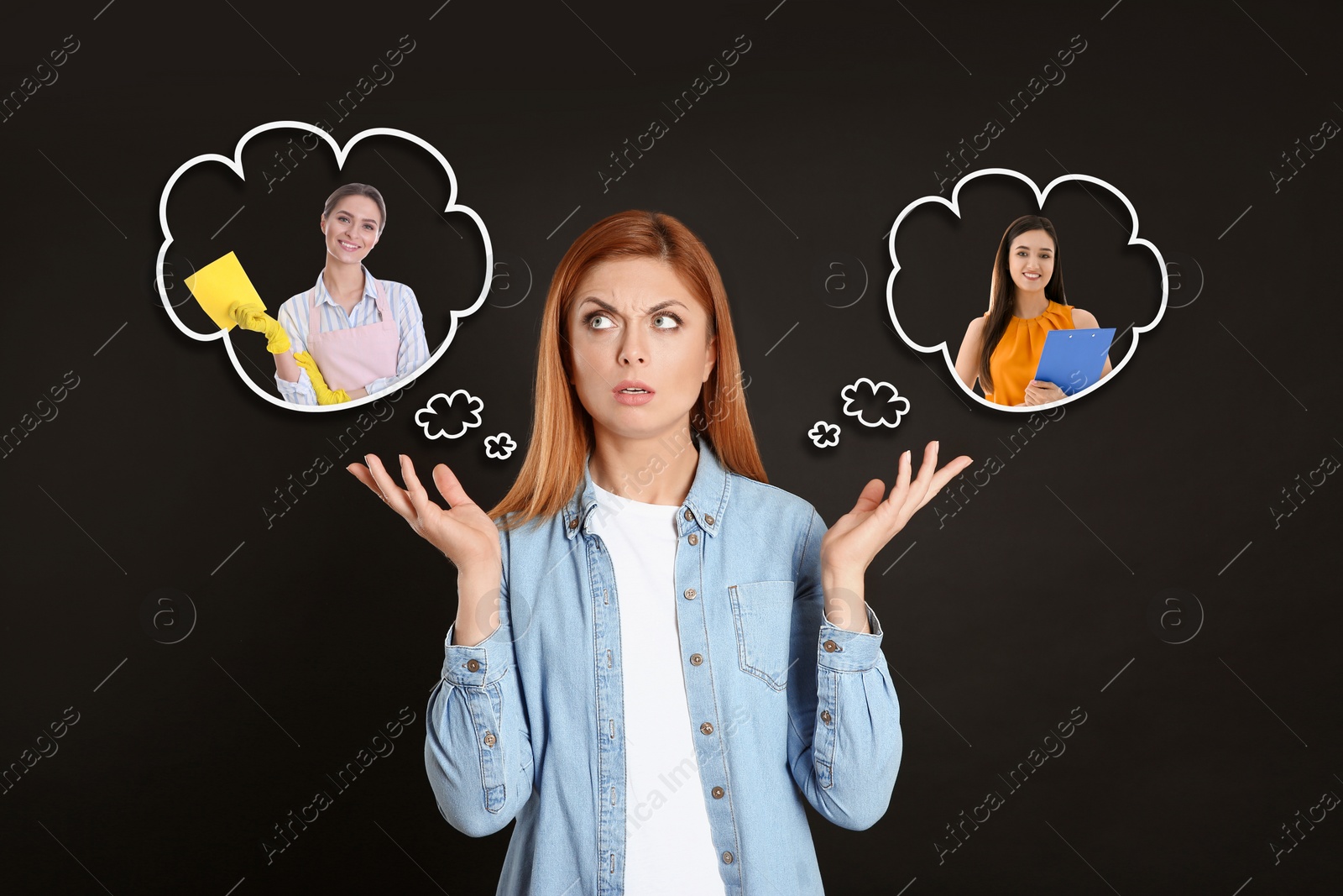 Image of Puzzled woman choosing probable profession on black background