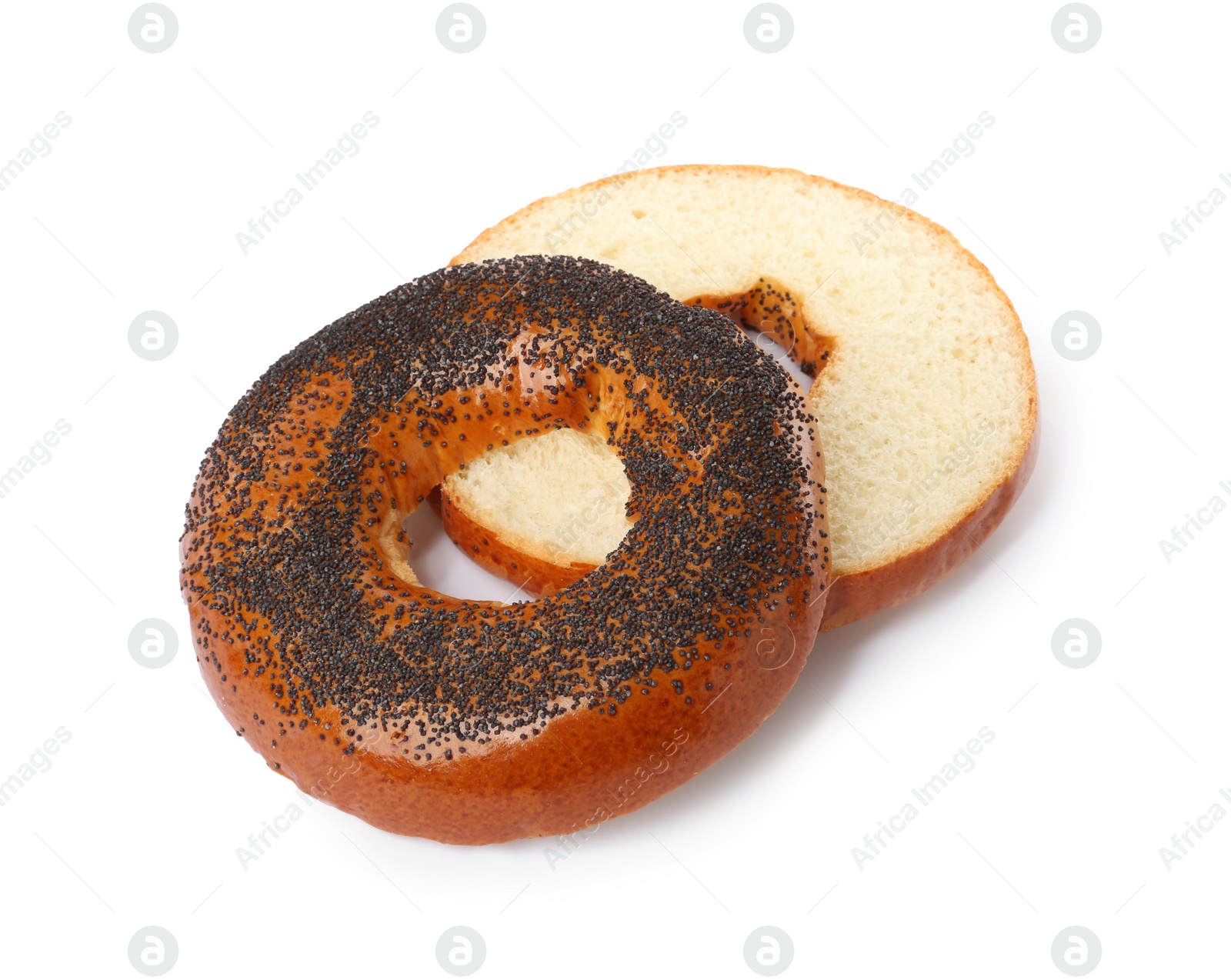 Photo of Delicious fresh halved bagel isolated on white