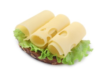 Photo of Tasty sandwich with slices of fresh cheese and lettuce isolated on white