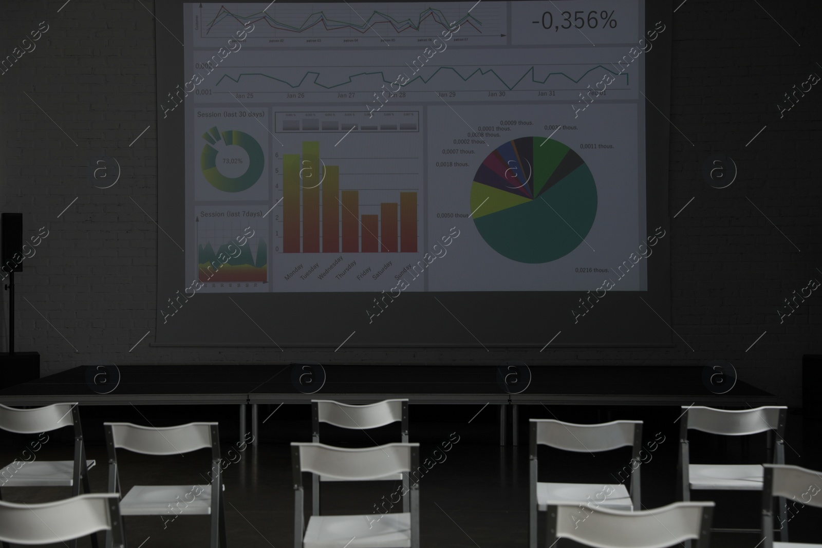 Photo of Empty conference room with projection screen and chairs