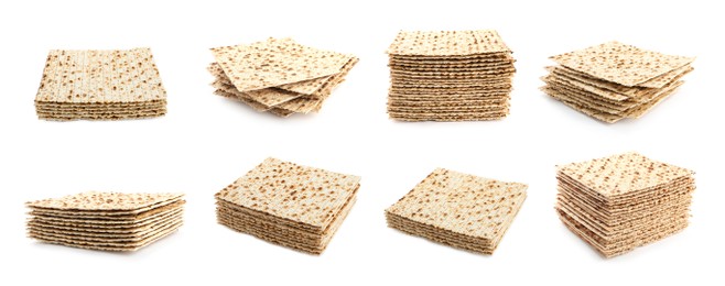 Image of Set with Passover matzos on white background, banner design. Pesach celebration