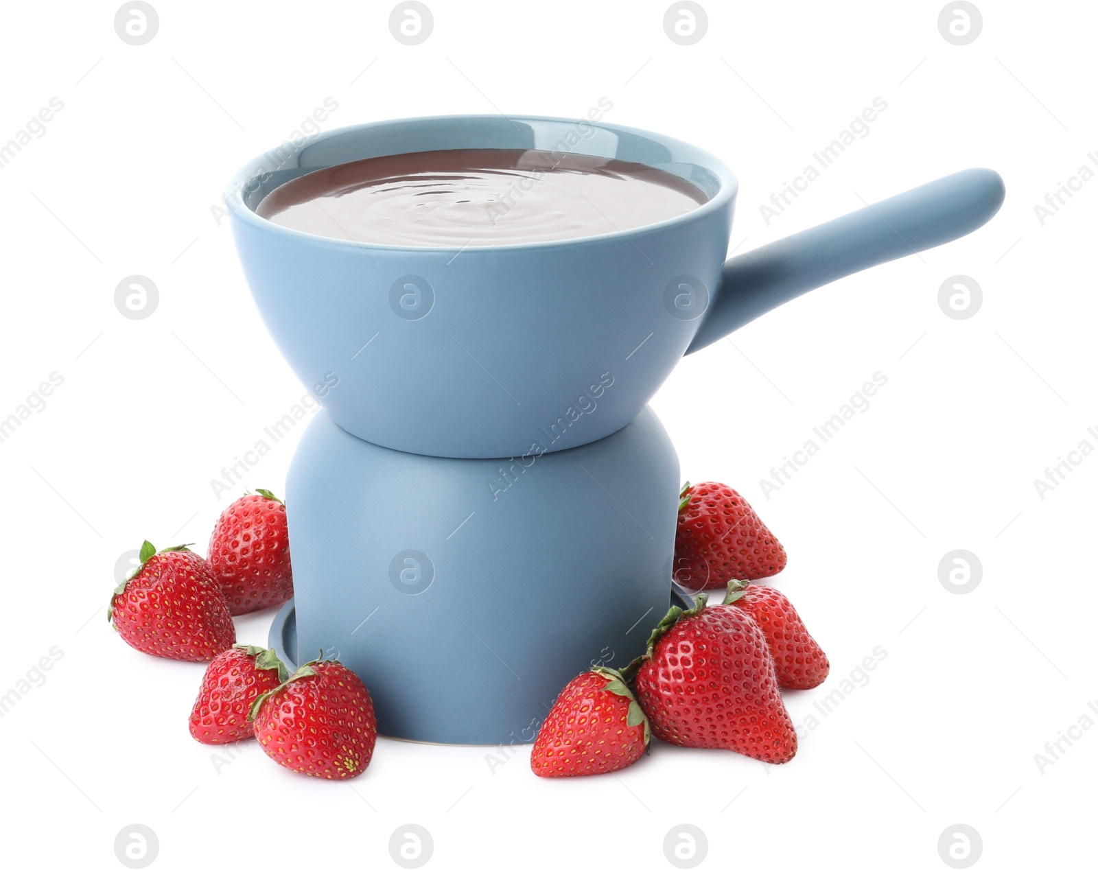 Photo of Fondue pot with chocolate and fresh strawberries isolated on white