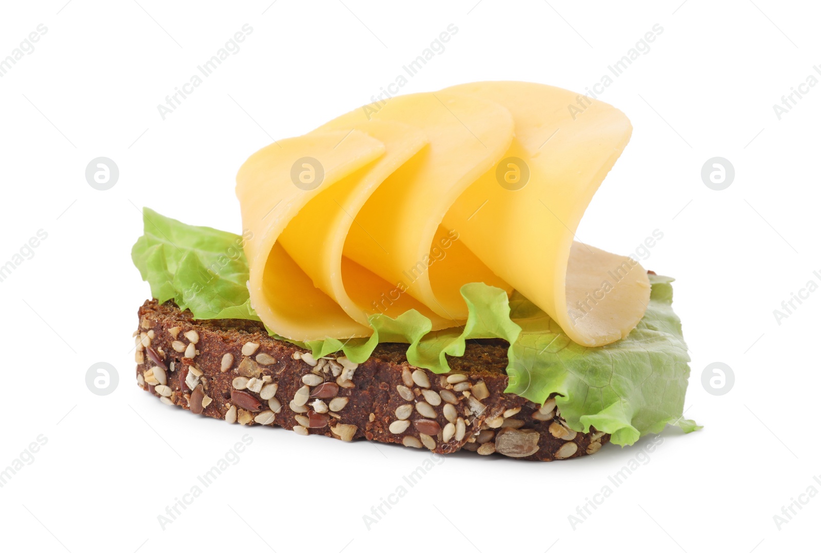 Photo of Tasty sandwich with slices of fresh cheese and lettuce isolated on white