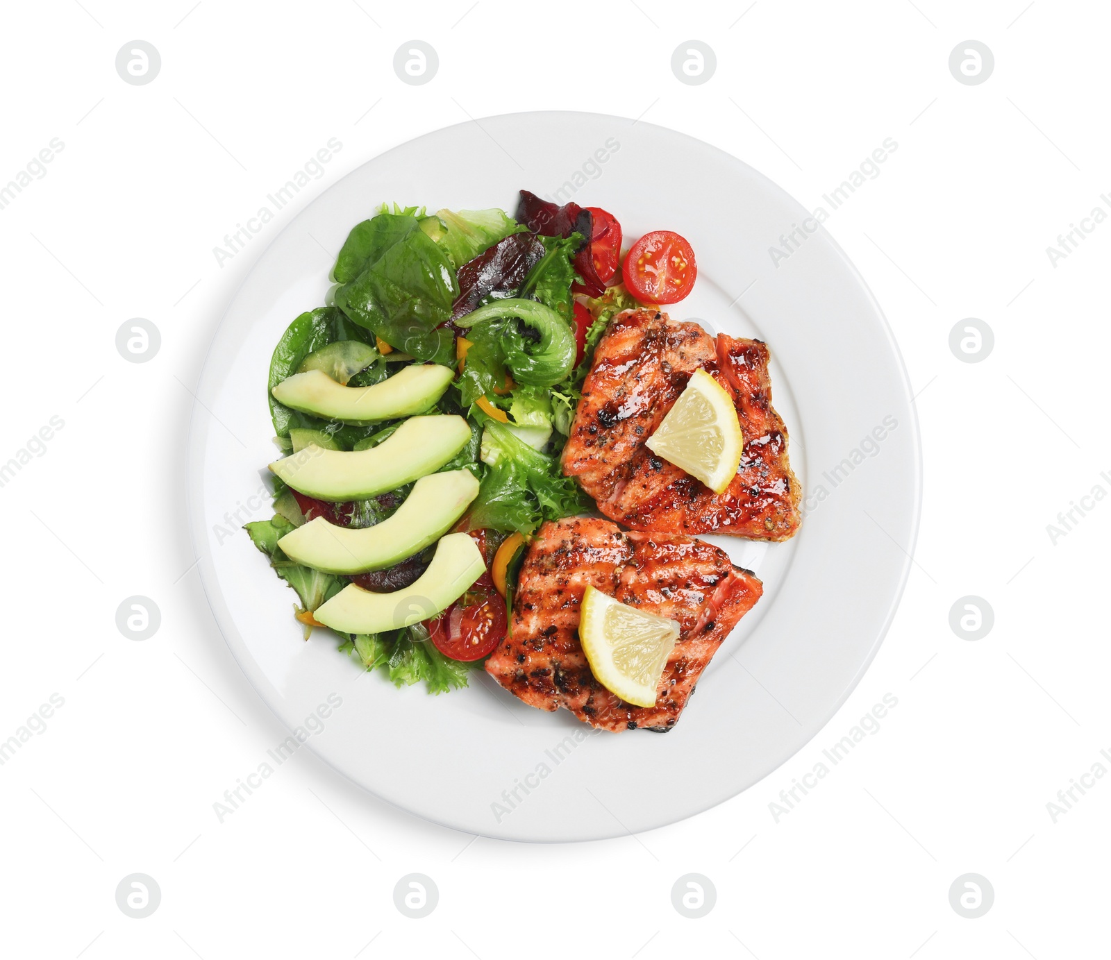 Photo of Tasty grilled salmon with avocado, lemon and tomatoes on white background, top view