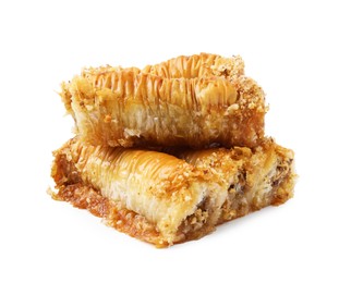 Photo of Eastern sweets. Pieces of tasty baklava isolated on white