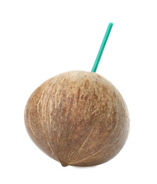 Photo of Brown coconut with straw on white background