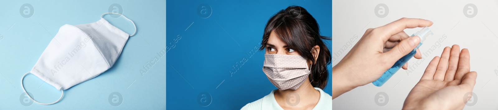 Image of Stop coronavirus spreading. Using sanitizer and wearing mask - preventing contamination, banner design