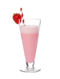 Photo of Glass of tasty milk shake on white background