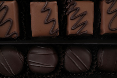 Many different chocolate candies in box, closeup