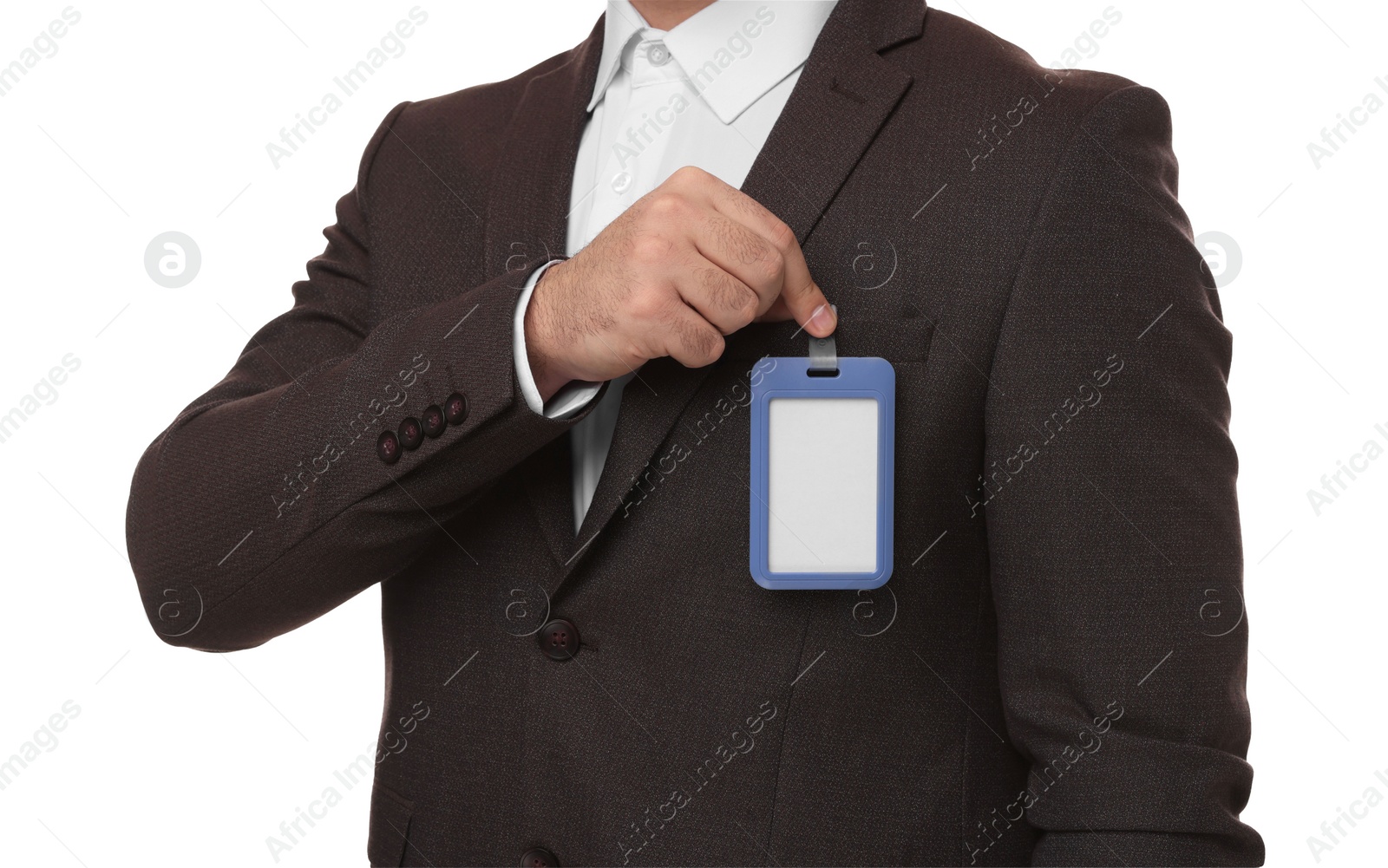 Photo of Man with blank badge isolated on white, closeup