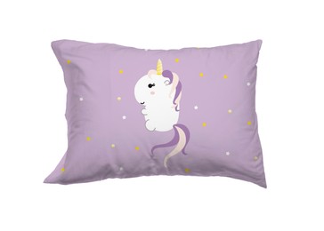 Image of Soft pillow with printed cute unicorn isolated on white