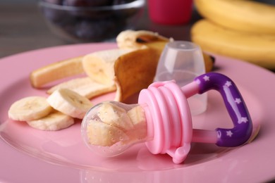 Photo of Nibbler with banana and fresh fruit on pink plate, closeup. Baby feeder