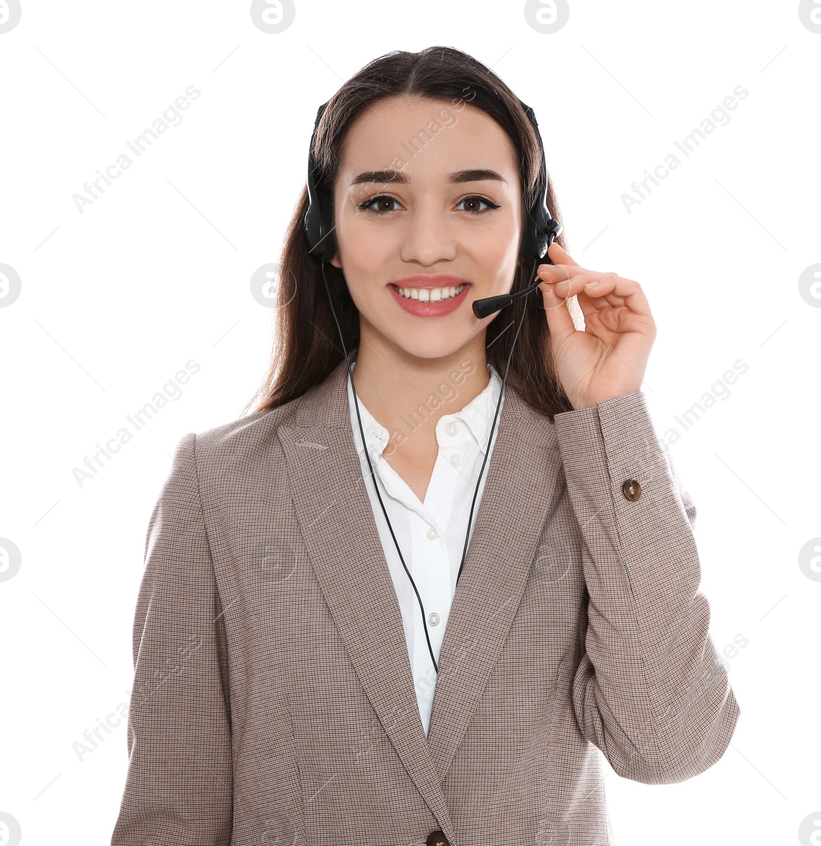 Photo of Portrait of technical support operator with headset isolated on white