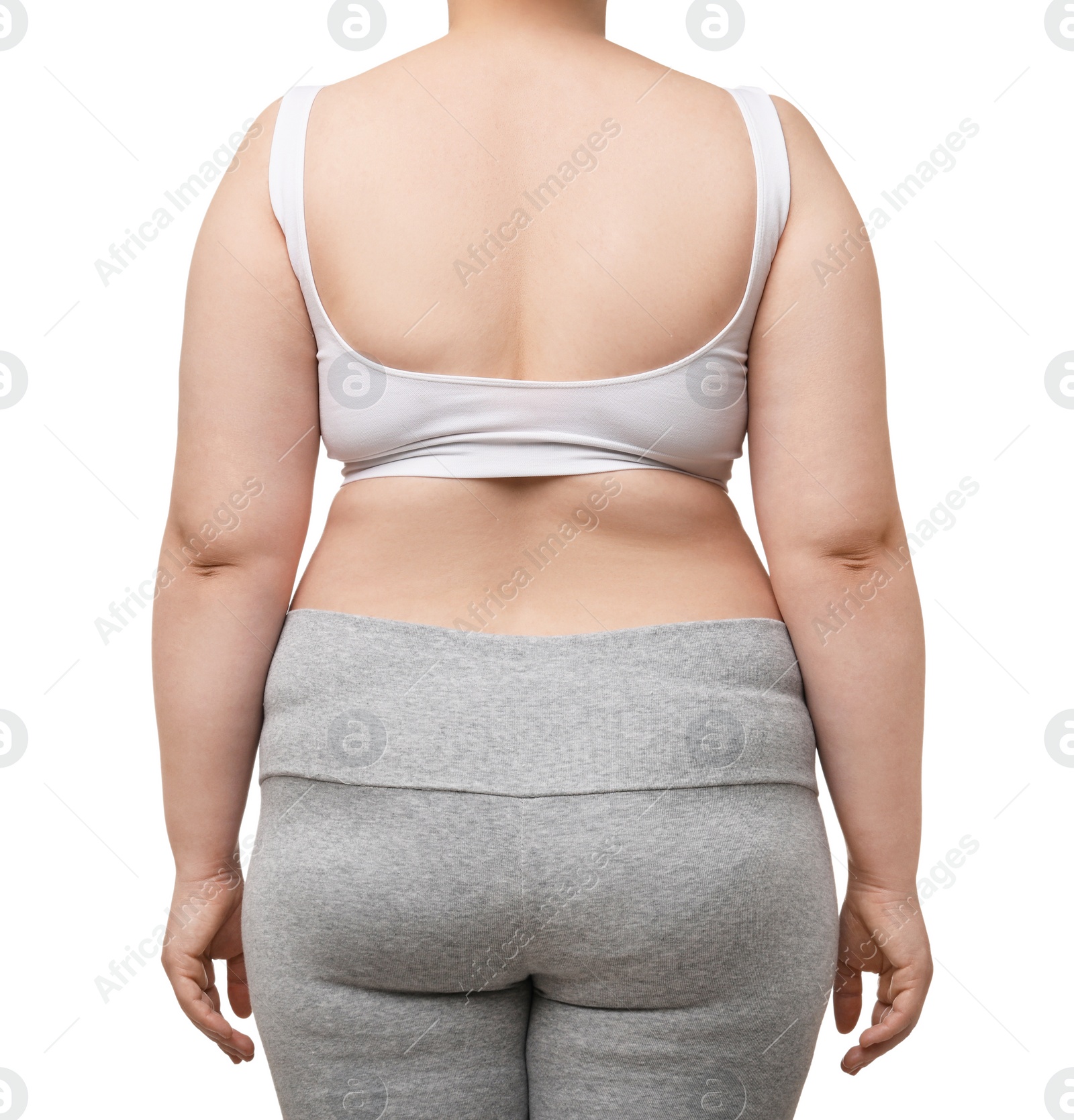 Photo of Overweight woman on white background, back view