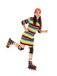 Photo of Young woman in bright dress with inline roller skates on white background