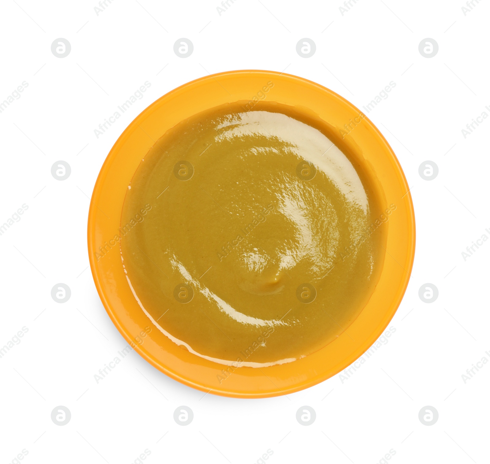 Photo of Delicious baby food in bowl isolated on white, top view