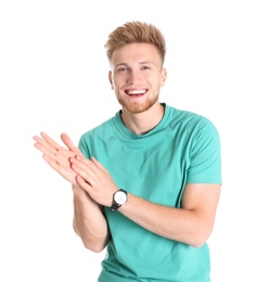 Photo of Portrait of handsome young man on white background