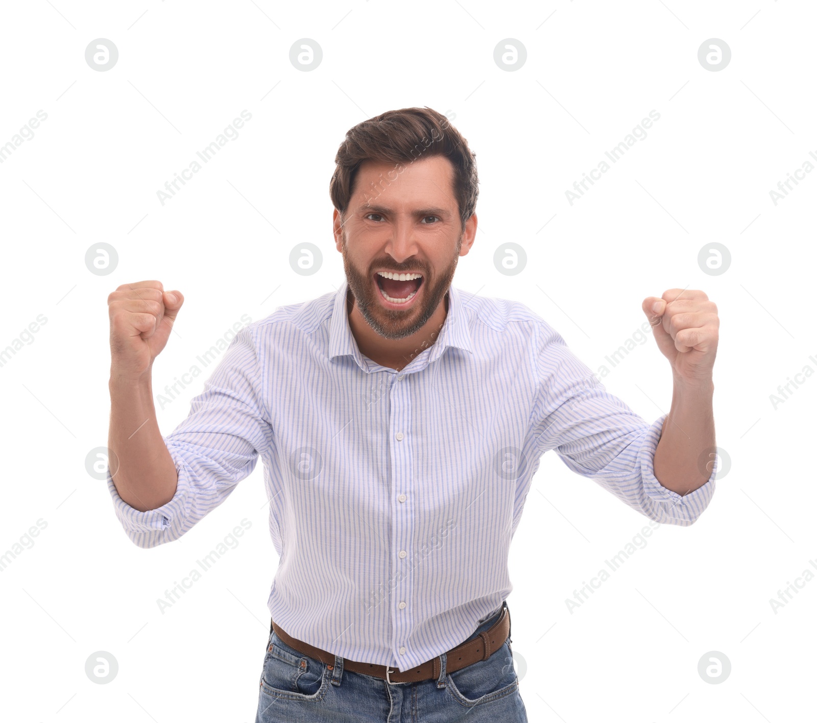 Photo of Emotional sports fan celebrating on white background