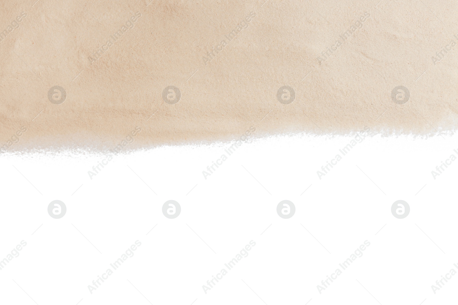 Photo of Dry beach sand on white background, top view. Space for text