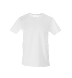 Photo of Stylish t-shirt on mannequin against white background. Men's clothes