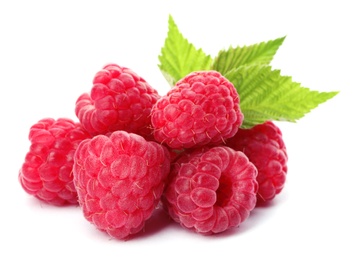 Delicious fresh ripe raspberries with leaves on white background