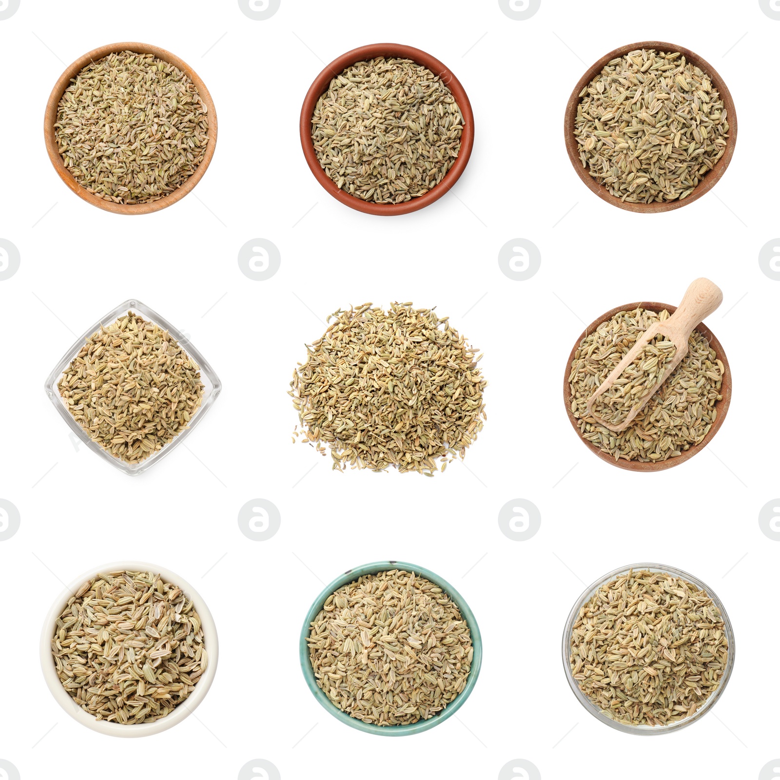 Image of Dry fennel seeds isolated on white, top view