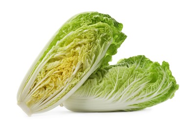 Cut fresh ripe Chinese cabbages on white background