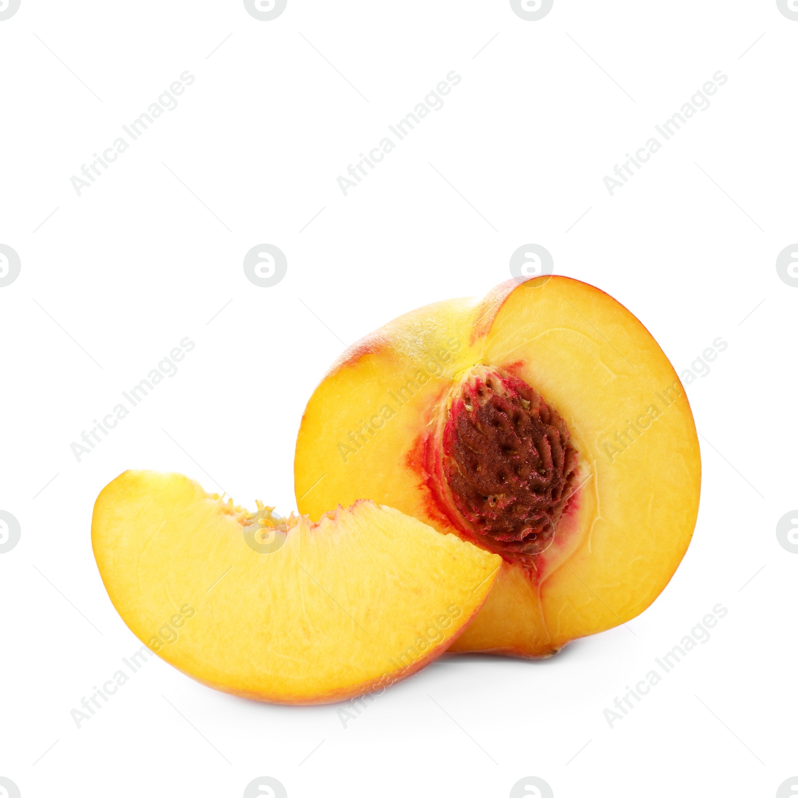 Photo of Cut fresh ripe peach isolated on white