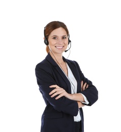 Photo of Female technical support operator with headset isolated on white