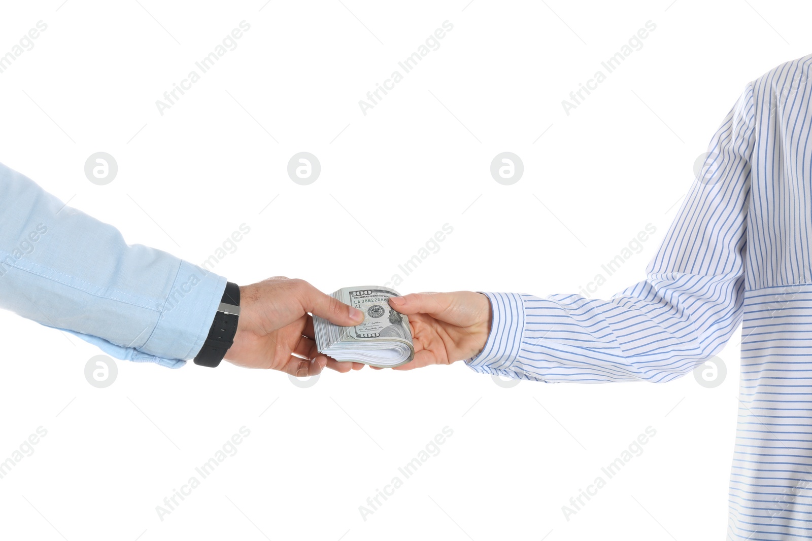 Photo of Man giving bribe money to woman on white background, closeup of hands