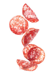 Image of Set of flying cut fresh sausage on white background