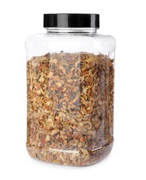 Photo of Dried orange zest seasoning in jar isolated on white