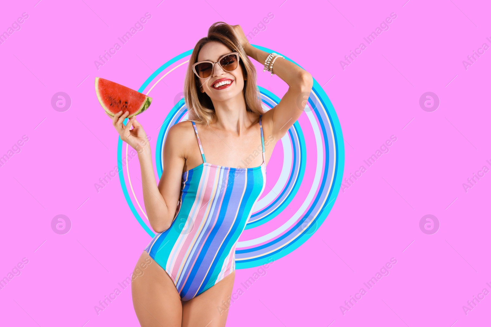 Image of Beautiful woman in swimsuit with juicy watermelon on pink background, stylish design. Summer season