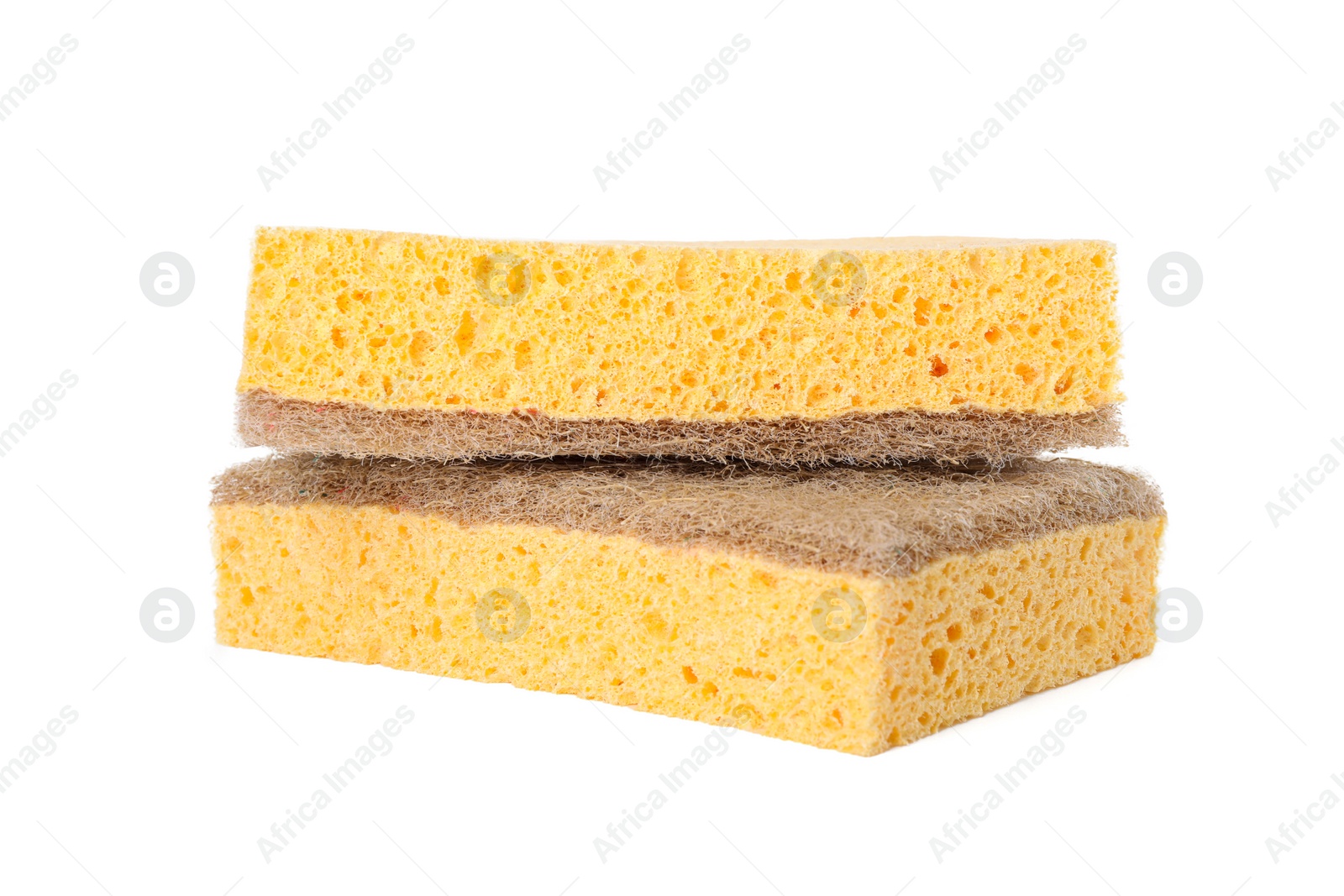 Photo of Cleaning supplies. Two sponges isolated on white