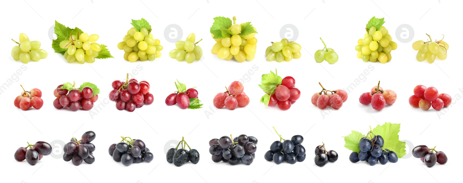 Image of Set with different fresh ripe grapes on white background. Banner design