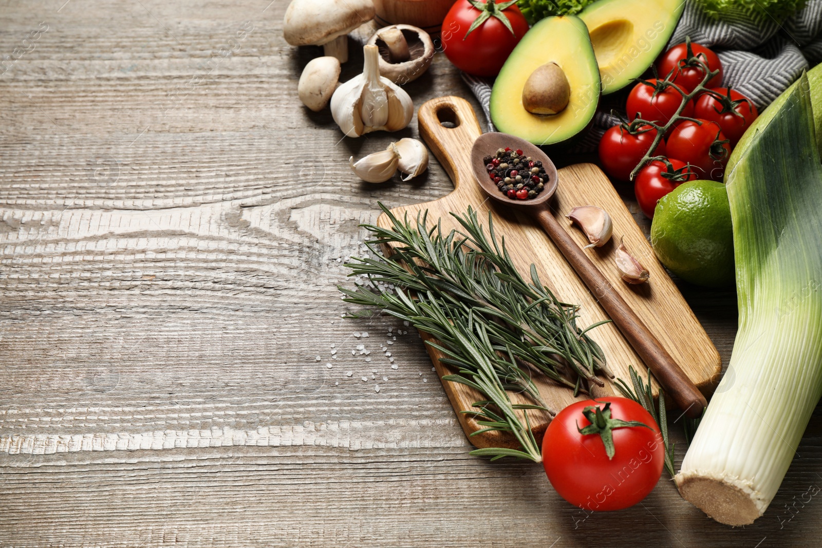 Photo of Fresh products on wooden table, space for text. Healthy cooking