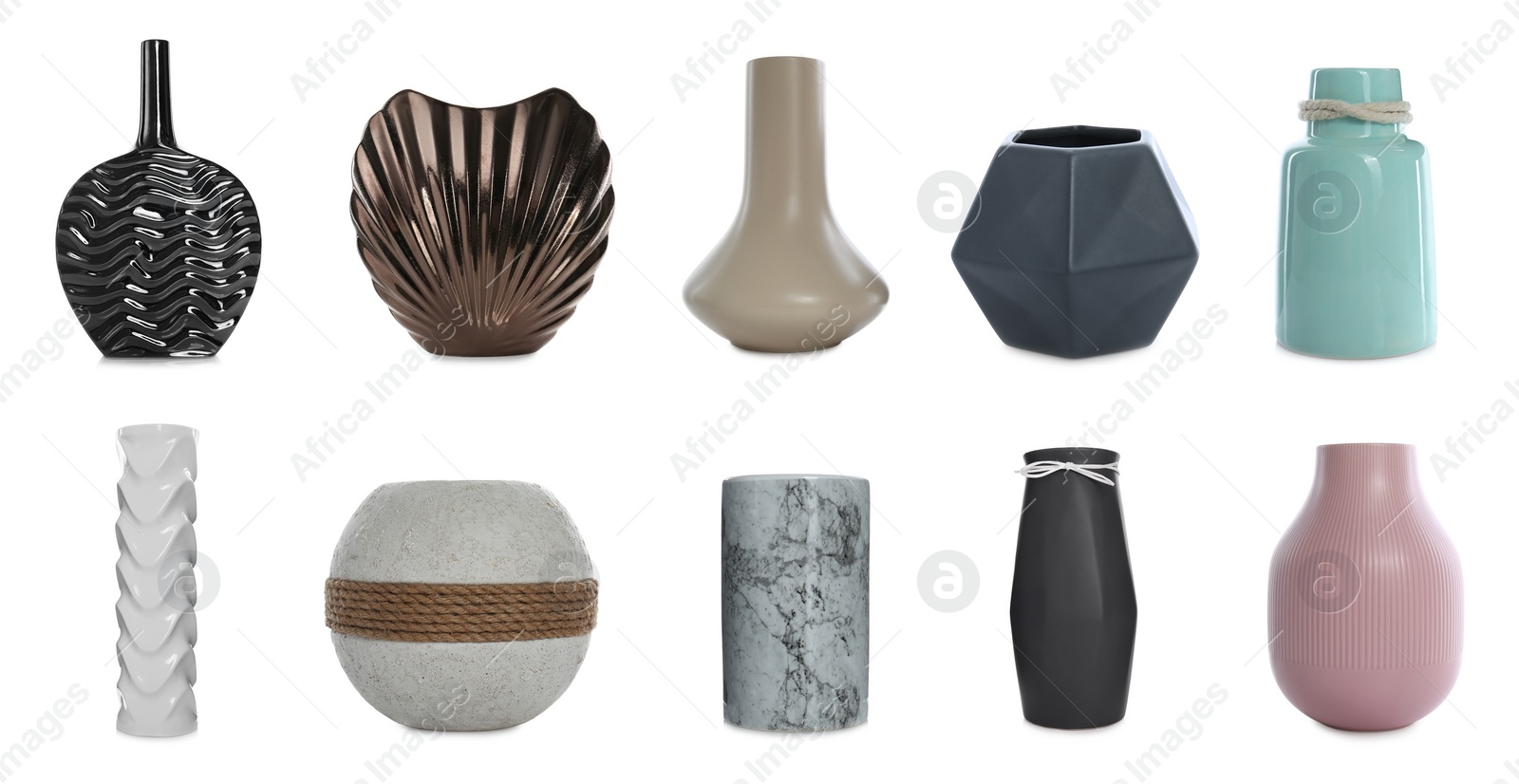 Image of Set of beautiful ceramic vases on white background. Banner design