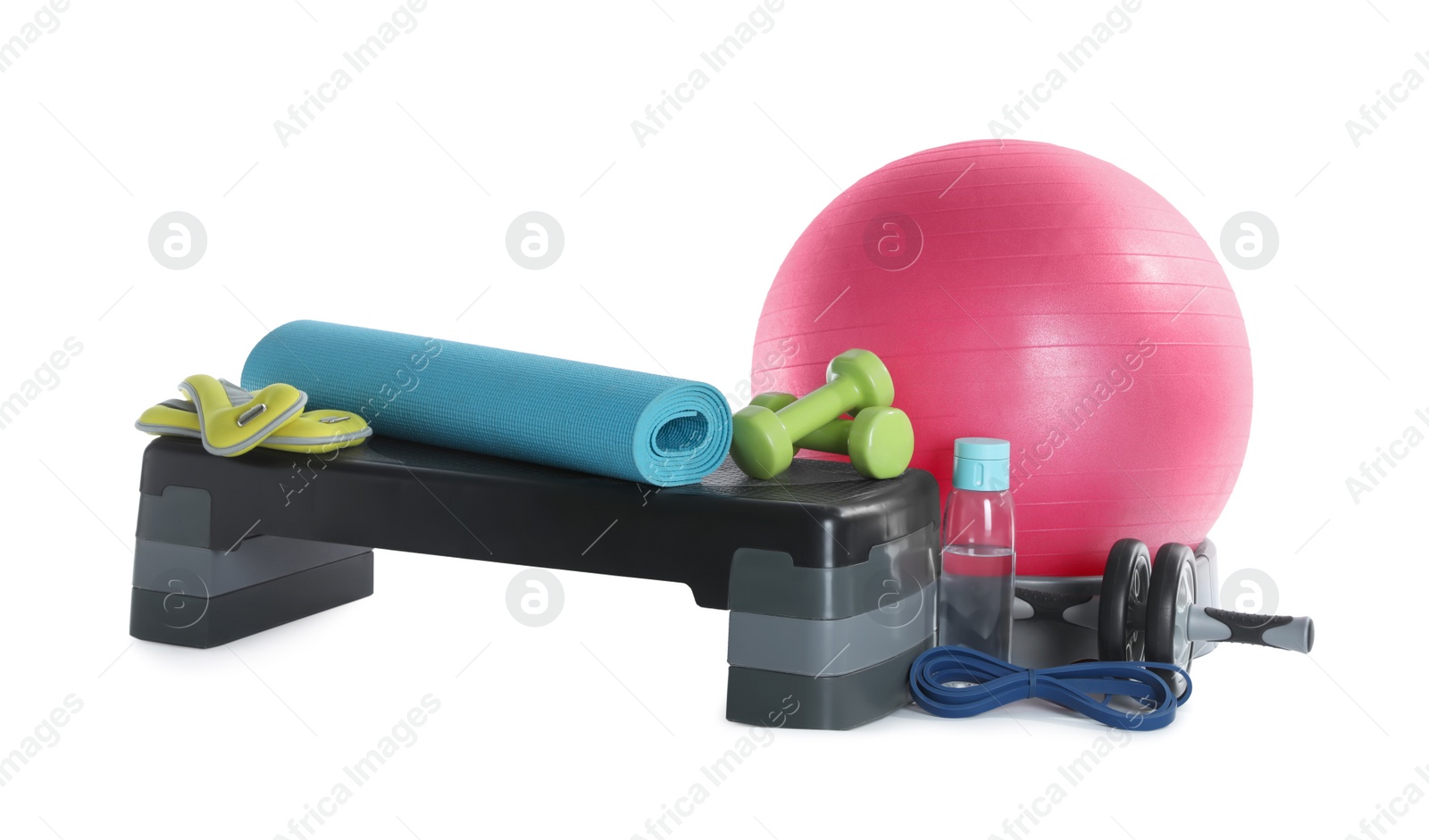 Photo of Set of different sports equipment on white background