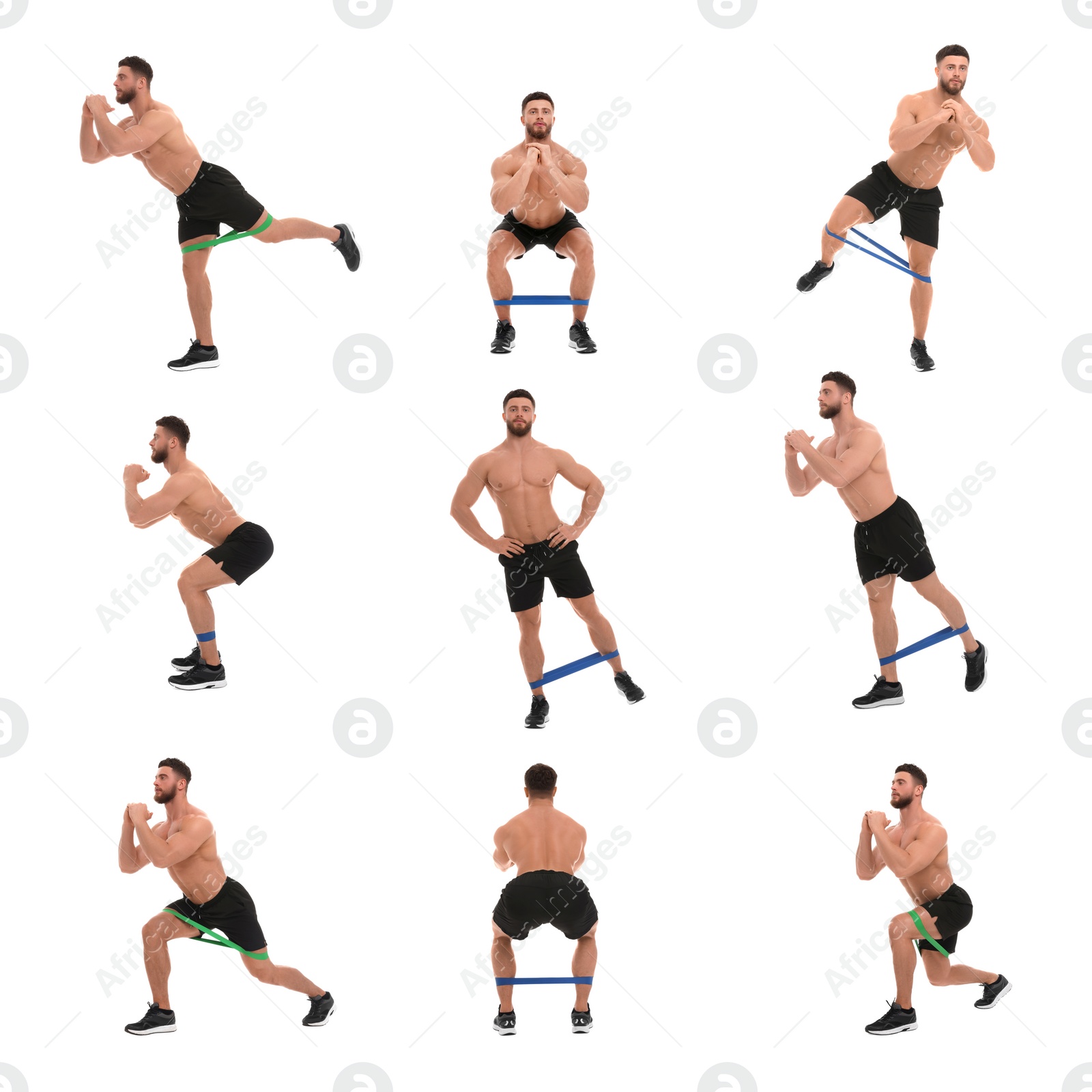 Image of Athletic man doing different exercises with elastic resistance band on white background, set of photos