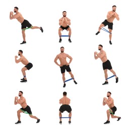 Athletic man doing different exercises with elastic resistance band on white background, set of photos